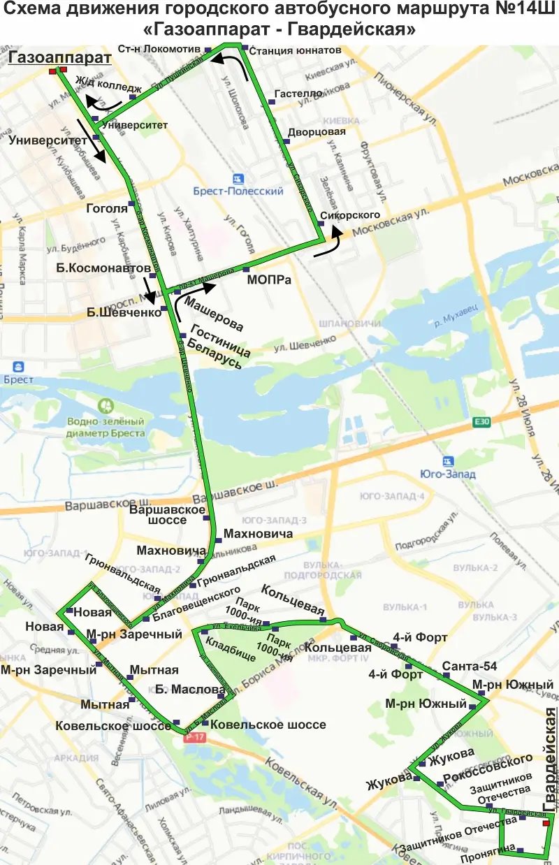 В Бресте изменяются схема движения и расписание автобуса № 14Ш