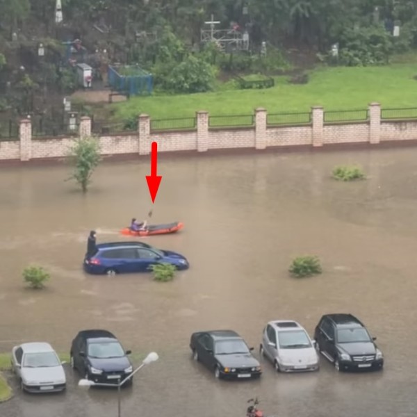 После ливня по затопленной улице в Минске плывёт мужчина на лодке — посмотрите видео