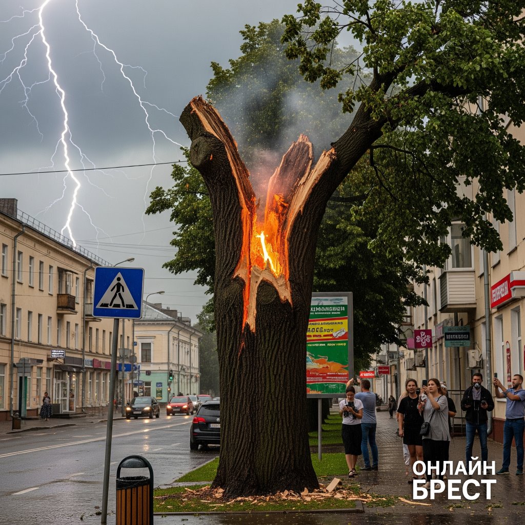 В Барановичах молния пополам расколола дерево во дворе жилых домов — видеофакт