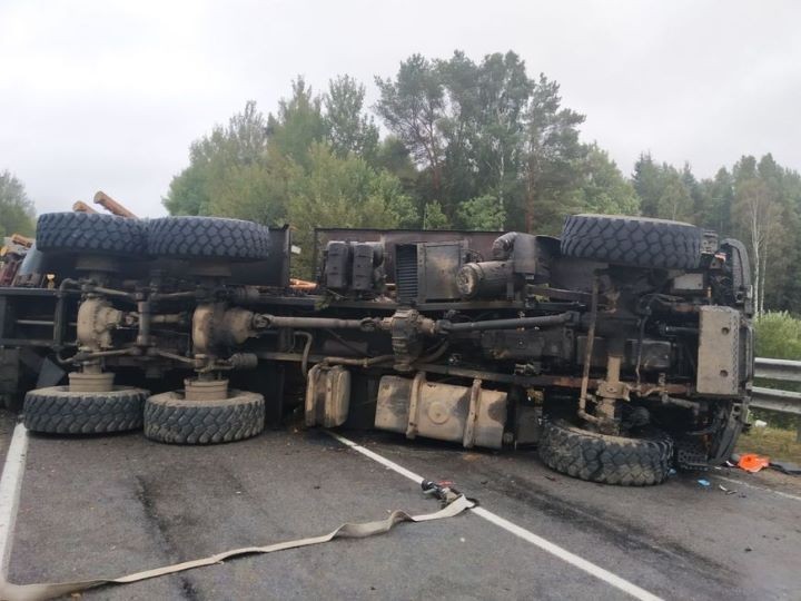 В Минской области опрокинулся лесовоз, погиб водитель. Фото с места ДТП