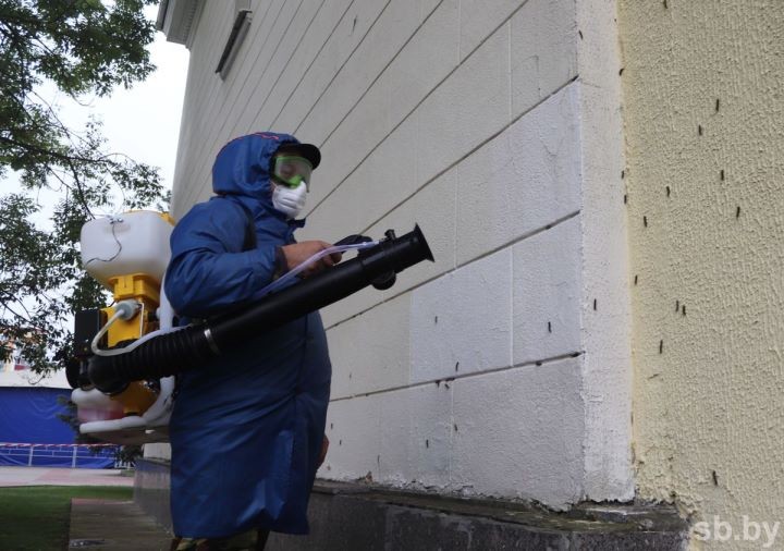 Работник ЖКХ проводит химобработку территорий, зараженных гусеницами американской бабочки