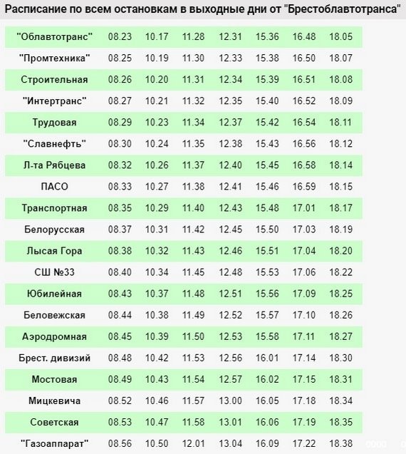 Расписание движения автобусов по маршруту № 49 в Бресте