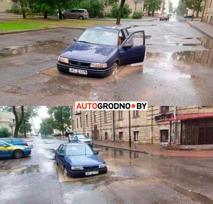 Авто утонул во дворах: строители забыли обозначить глубокую яму в Гродно