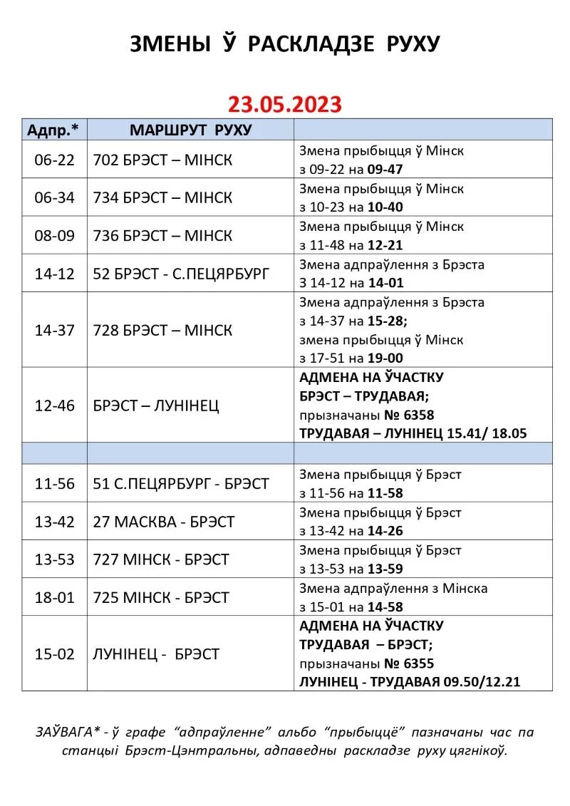 Вокзал станции Брест-Центральный сообщает об изменениях в расписании поездов на следующей неделе