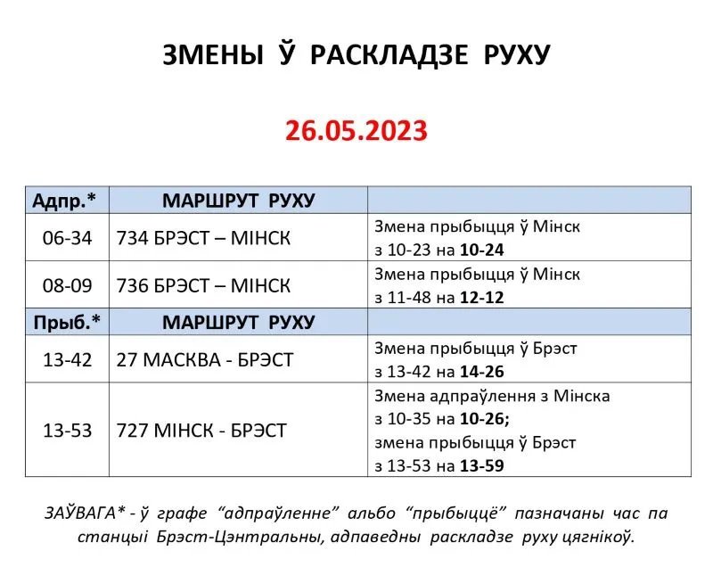 Вокзал станции Брест-Центральный сообщает об изменениях в расписании поездов на следующей неделе