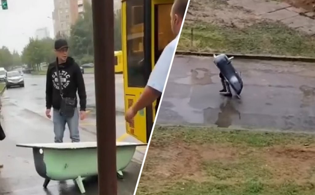 Приключения одной ванны. Мужчина хотел провезти ее в автобусе, но в итоге носил на себе, как черепашка