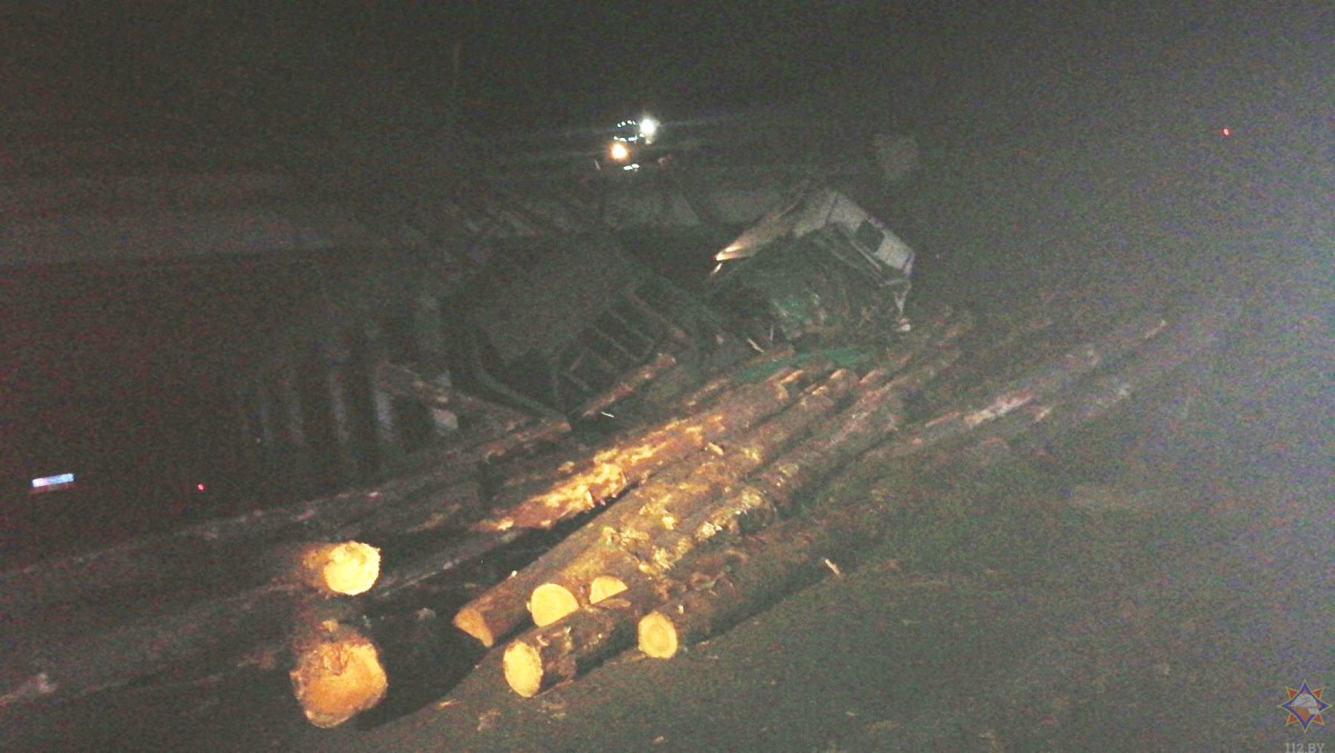 Лесовоз с бревнами упал с моста в Могилевском районе