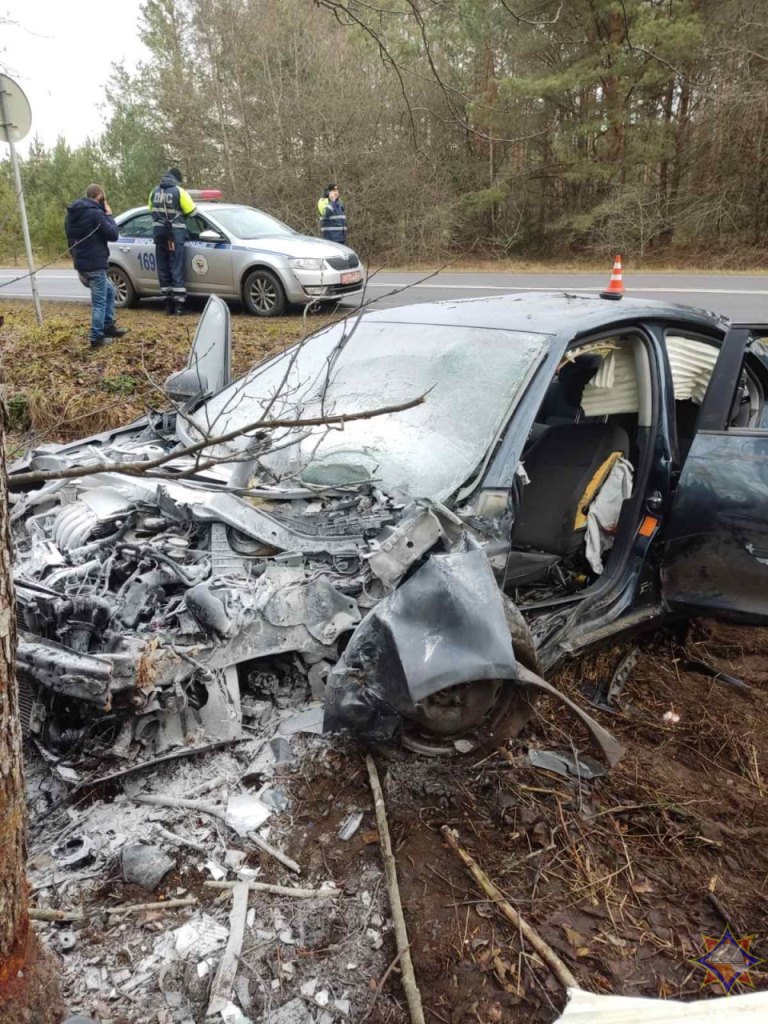 Автомобиль врезался в дерево в Кобринском районе — видео с места происшествия