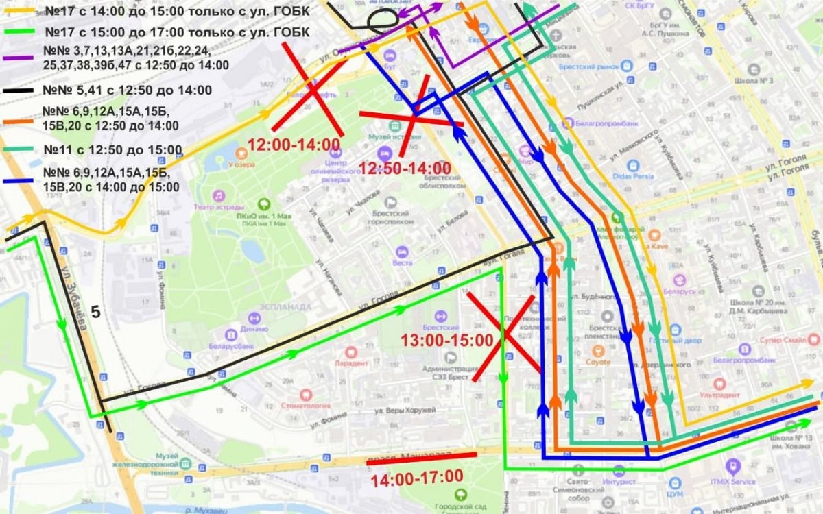 8 января в связи с перекрытием части улиц Бреста автобусы будут следовать в объезд