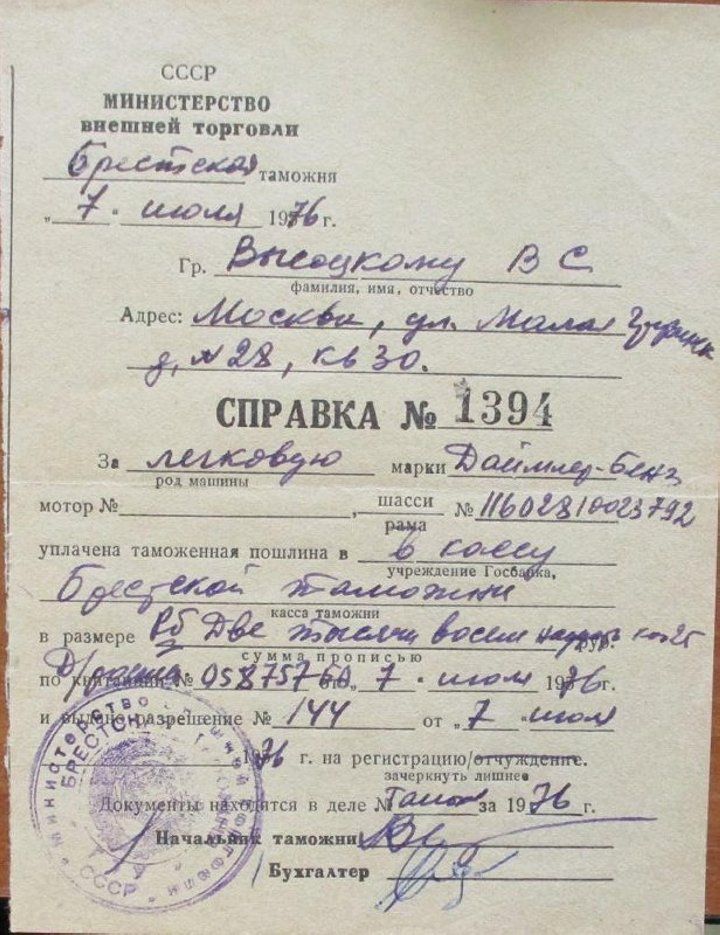 Справка №1394 на оплату таможенной пошлины в кассу Брестской таможни. Плательщик Высоцкий Владимир Семенович