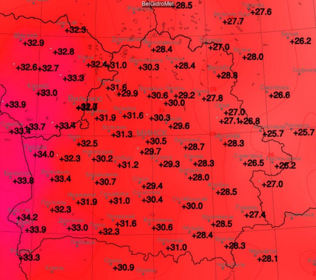 Не было в Беларуси +35° сегодня. Максимум в г. Высокое +34.2°