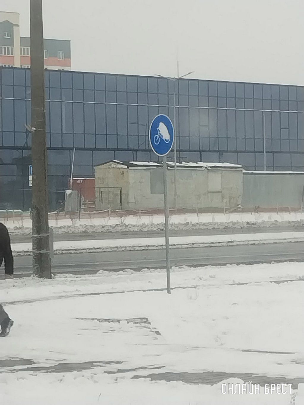 Читатель: В Бресте снег удачно лег на знак - выехали ёжики на велосипедах :)