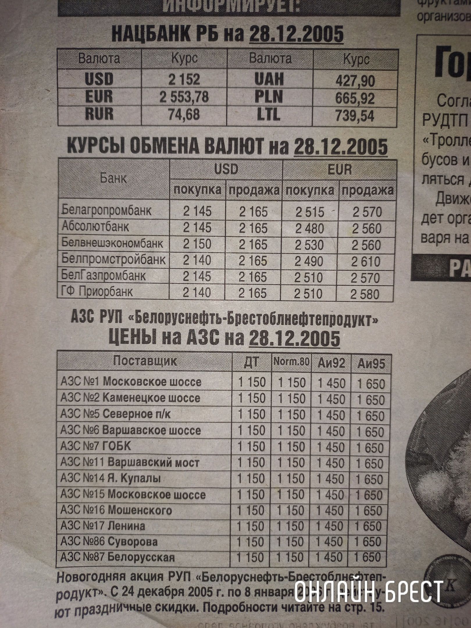 Читатель: Нашёл и решил поделиться. Курсы валют и цены на топливо в 2005 году