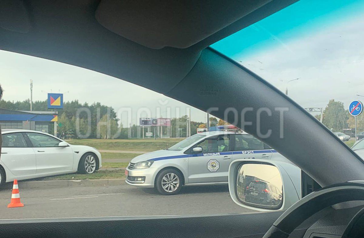 Читатель: Авария возле Мартина на выезде из Бреста по М1. Tesla въехала в столб. На месте ДТП работают сотрудники ГАИ