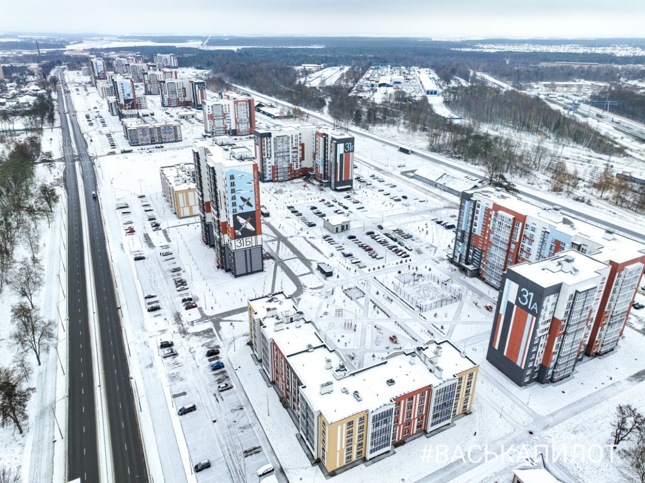 Зимний пролет над новым районом на ул. Л.Рябцева в Бресте